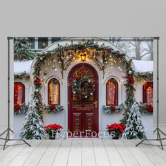 Lofaris Schneebedeckt Weiß Haus Rot Tür Weihnachten Stimmung Hintergrund