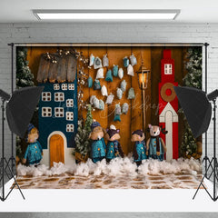 Lofaris Schneebedeckt Aus Holz Haus Fuchs Familie Weihnachten Hintergrund