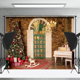 Lofaris Jahrgang Ziegel Wand Tür Baum Klavier Weihnachten Hintergrund