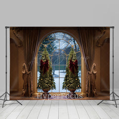 Lofaris Jahrgang Braun Vorhang Baum Fenster Weihnachten Hintergrund