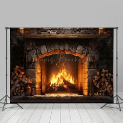 Lofaris Warm Ziegel Kamin Holz Stapel Fotografie Hintergrund