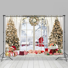 Lofaris Warm Heim Teddy Tragen Fenster Schnee Kabine Weihnachten Hintergrund
