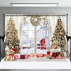 Lofaris Warm Heim Teddy Tragen Fenster Schnee Kabine Weihnachten Hintergrund