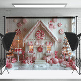 Lofaris Weiß Süßigkeiten Stöcke Haus Schneebedeckt Weihnachten Hintergrund