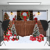 Lofaris Aus Holz Garten Zaun Schneebedeckt Szene Weihnachten Hintergrund