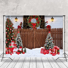 Lofaris Aus Holz Garten Zaun Schneebedeckt Szene Weihnachten Hintergrund