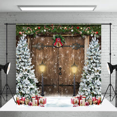Lofaris Weihnachten Baum Retro Aus Holz Tür Schneebedeckt Weihnachten Hintergrund