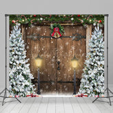 Lofaris Weihnachten Baum Retro Aus Holz Tür Schneebedeckt Weihnachten Hintergrund