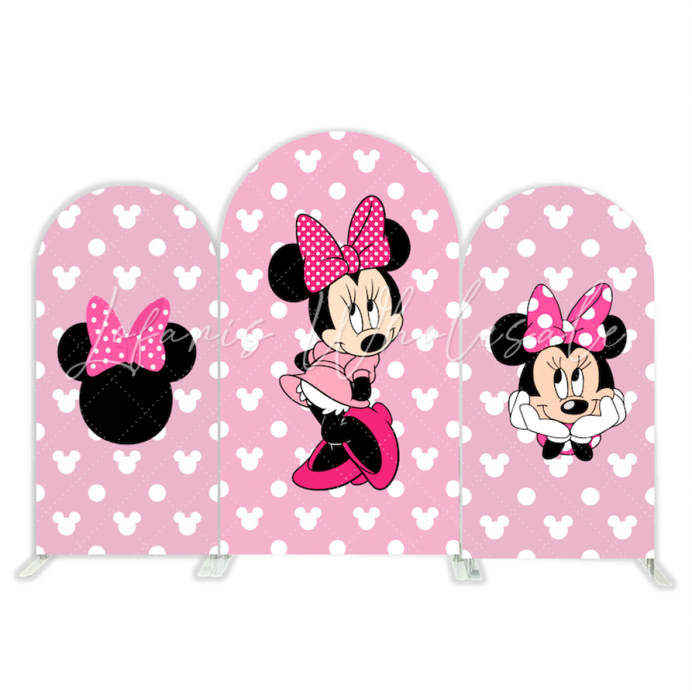 Minnie Maus Rosa Punkte Thema Happy Birthday Bogenhintergrund Abdeckung Schleife Deko