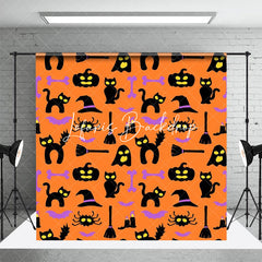 Orange Schwarz Kürbisse Katzen Glücklich Halloween Hintergrund