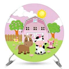 Rosa Haus Und Tiere Kreis Baby Dusche Hintergrund