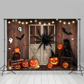 Beängstigend Spinne Kürbisse Aus Holz Zimmer Halloween Hintergrund