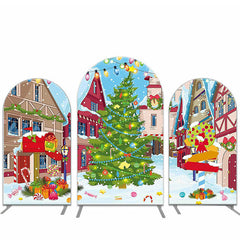 Schneebedeckt Stadt Bäume Geschenke Weihnachten Bogen Hintergrund Bausatz