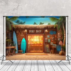 Surfen Geschäft Sommer Sonnenuntergang Strand Baum Foto Hintergrund