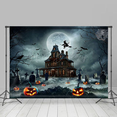 Grab Herrenhaus Hexe Mond Nacht Kürbis Glücklich Halloween Hintergrund