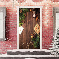 Aus Holz Planke Grün Blätter Warm Weihnachten Tür Abdeckung