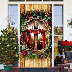 Aus Holz Wand Kreuzen Grün Blätter Weihnachten Tür Abdeckung