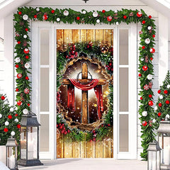 Aus Holz Wand Kreuzen Grün Blätter Weihnachten Tür Abdeckung