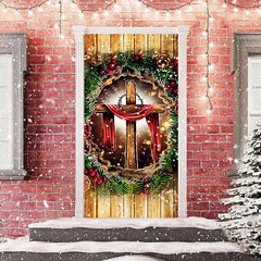 Aus Holz Wand Kreuzen Grün Blätter Weihnachten Tür Abdeckung