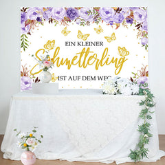 Lila Blumen Golden Schmetterling Baby Dusche Hintergrund