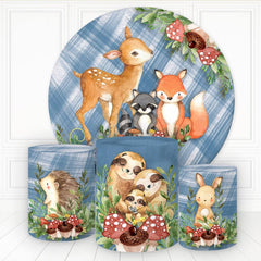 Tiere Und Pilz Blau Plaid Runden Geburtstag Hintergrund Bausatz
