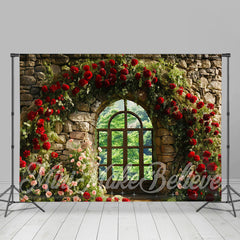 Gewölbt Rot Blumen Fenster Birck Wand Frühling Hintergrund