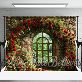 Gewölbt Rot Blumen Fenster Birck Wand Frühling Hintergrund