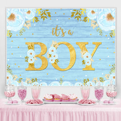 Blau Und Blumen Hölzern Baby Dusche Hintergrund Für Junge