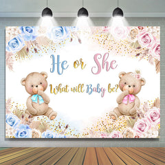 Blau Und Rosa Blume Teddy Tragen Babydusche Hintergrund