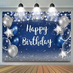Blau Und Silber Stern Ballon Glücklich Geburtstag Hintergrund