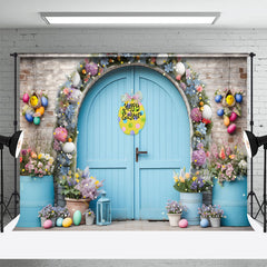 Blau Tür Ziegel Wand Blumen Glücklich Ostern Hintergrund