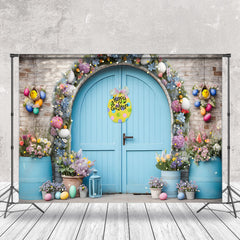 Blau Tür Ziegel Wand Blumen Glücklich Ostern Hintergrund