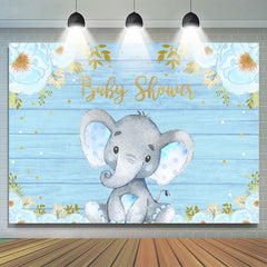 Blau Blumen Und Elefant Holz Baby Dusche Hintergrund