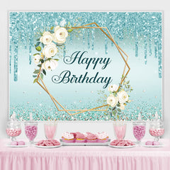 Blau Funkeln Und Blumen Glücklich Geburtstag Party Hintergrund