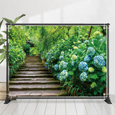 Blau Hortensien Ziegel Treppe Wald Frühling Hintergrund