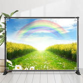 Blau Himmel Regenbogen Gelb Blumen Feld Frühling Hintergrund