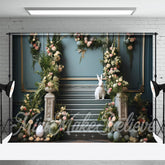 Blau Wand Blumen Eier Weiß Kaninchen Ostern Hintergrund