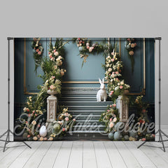Blau Wand Blumen Eier Weiß Kaninchen Ostern Hintergrund