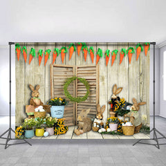 Möhren Mit Spielzeug Kaninchen Hölzern Glücklich Ostern Hintergrund