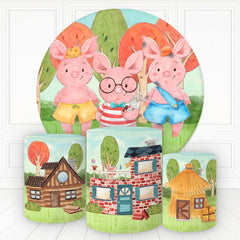 Cartoom Thress Schweine Mit Häuser Runden Hintergrund Bausatz