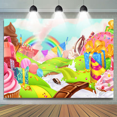 Karikatur Regenbogen Nachtisch Süßigkeitenland Geburtstagshintergrund