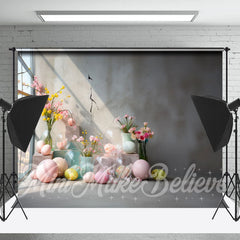 Zement Wand Bunt Blumen Eier Ostern Hintergrund