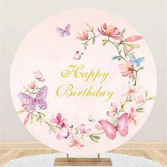 Kreis Rosa Blumen Und Schmetterling Glücklich Geburtstag Hintergrund