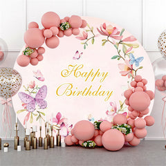 Kreis Rosa Blumen Und Schmetterling Glücklich Geburtstag Hintergrund