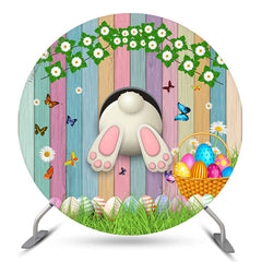 Bunt Holz Und Eier Kaninchen Runden Ostern Hintergrund