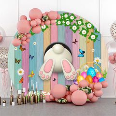 Bunt Holz Und Eier Kaninchen Runden Ostern Hintergrund