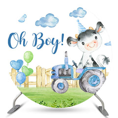Niedlich Kuh An Der Schiene Bauernhof Runden Baby Dusche Hintergrund
