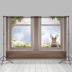 Niedlich Rabbite In Weiß Fenster Regenbogen Ostern Hintergrund