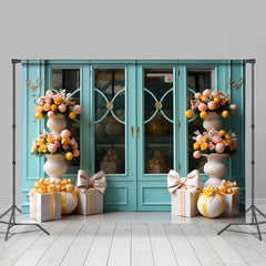 Cyan Fenster Und Auf dem Boden Eier Geschenke Ostern Hintergrund