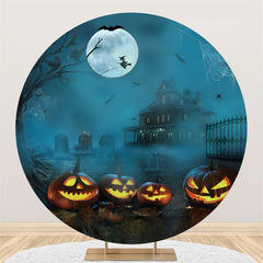 Dunkel Blau Schloss Mond Nacht Halloween Kürbis Hintergrund